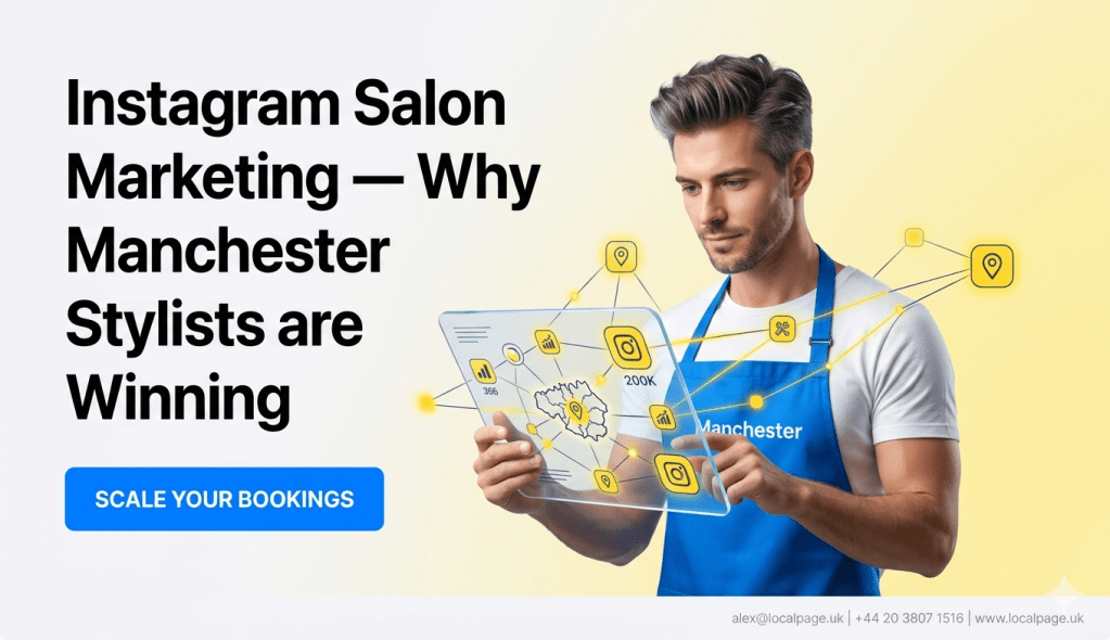 A minimalist square social media graphic with a vibrant blue to white gradient background. A glowing 3D dynamic upwards growth arrow is integrated with localized Manchester map icons and a stylized salon mirror, creating a successful network. Large charcoal grey hook text at the top reads "INSTAGRAM: MANCHESTER STYLISTS WIN" and a hybrid green-to-blue CTA button reads "GET THE BOOKING BLUEPRINT," with the LocalPage.uk footer at the bottom.