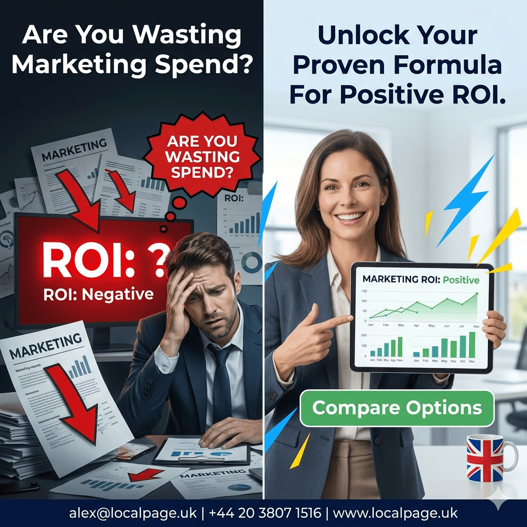 A split image contrasting a stressed business owner with low results versus a happy one succeeding with data.