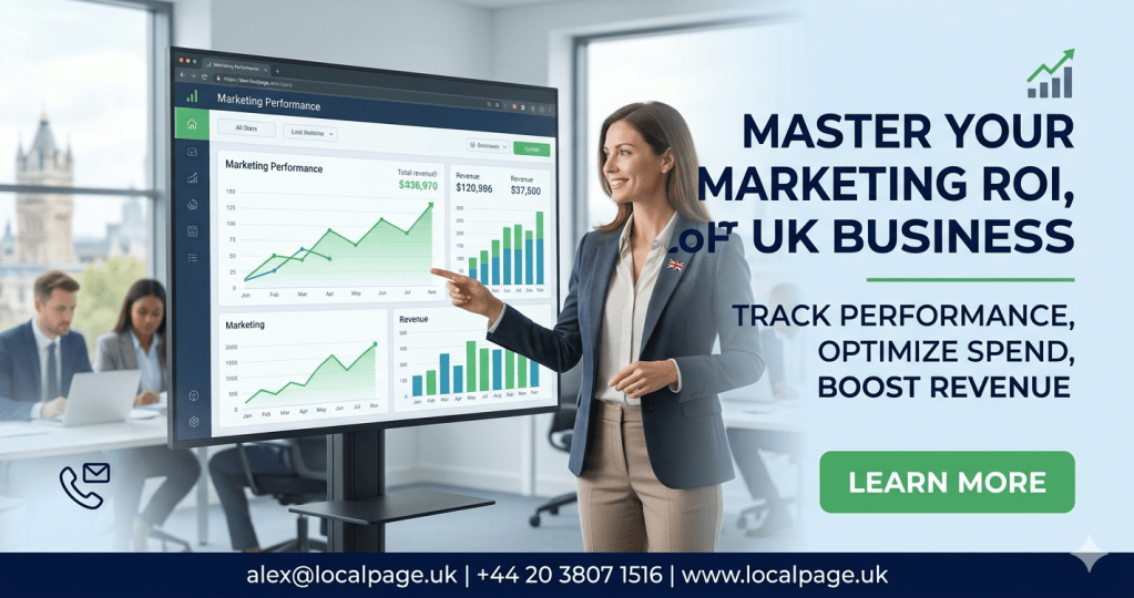 Professional consultant gestures toward a digital marketing ROI dashboard in a London office.