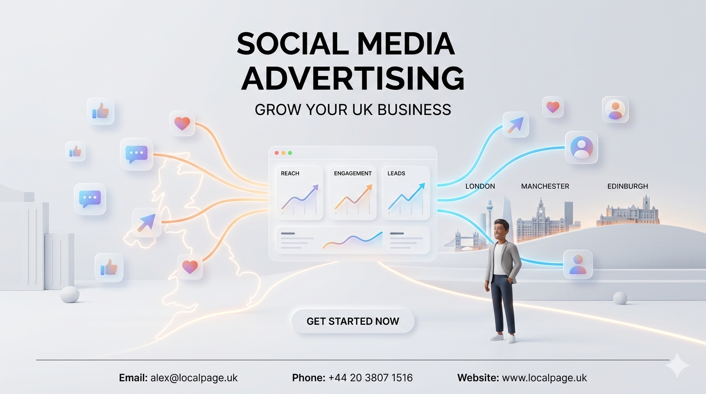 Social media advertising for UK businesses with smartphone and London skyline